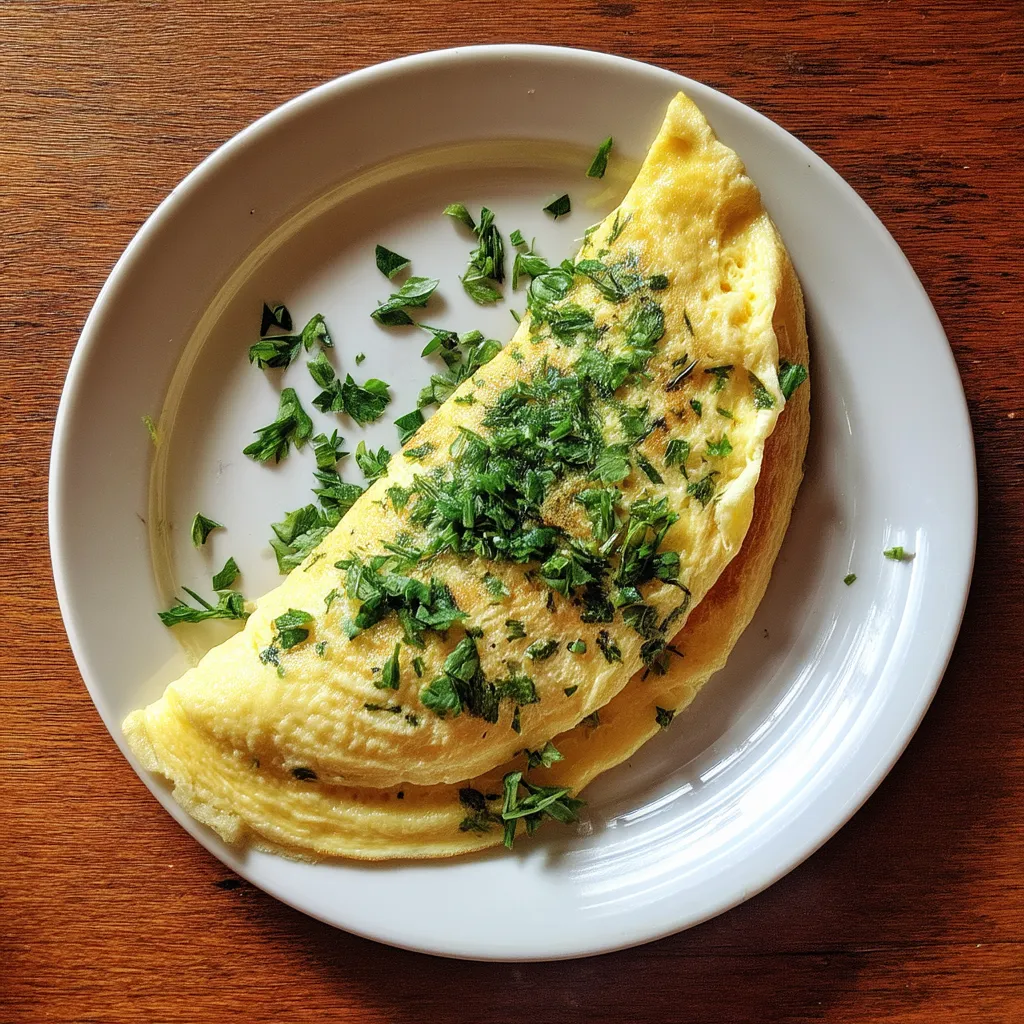 Une omelette aux fines herbes est servie sur un plateau en verre.