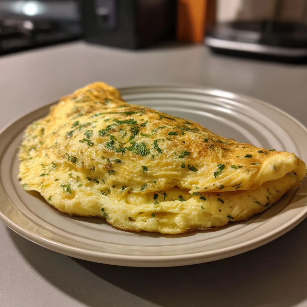 Une omelette aux fines herbes est servie sur un plateau.