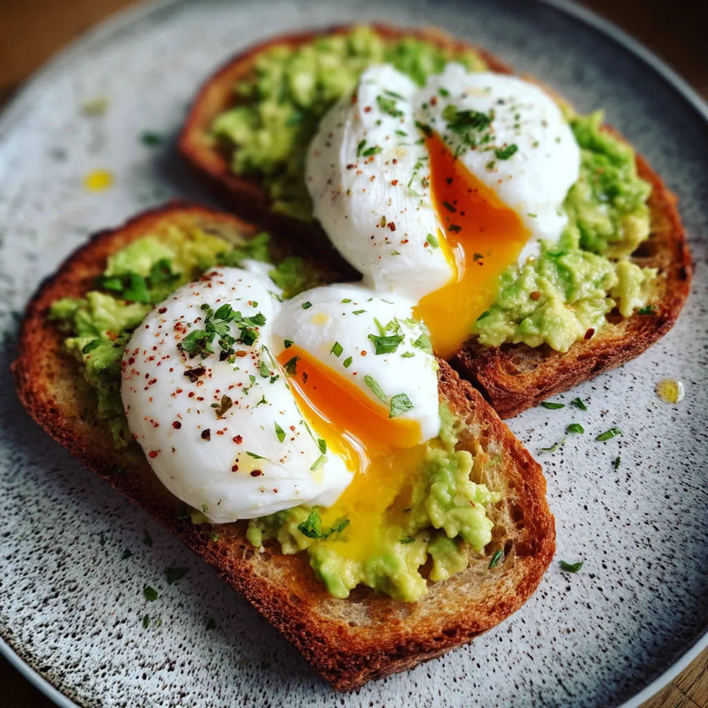Des tartines de pain grillé avec des œufs pochés et des avocats.