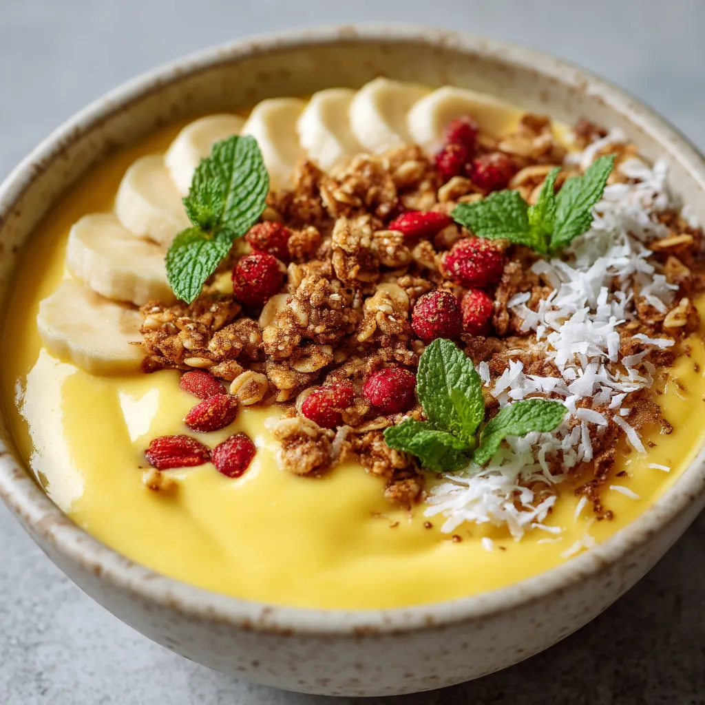 Un bol contenant une soupe avec des fruits, des graines et des herbes.