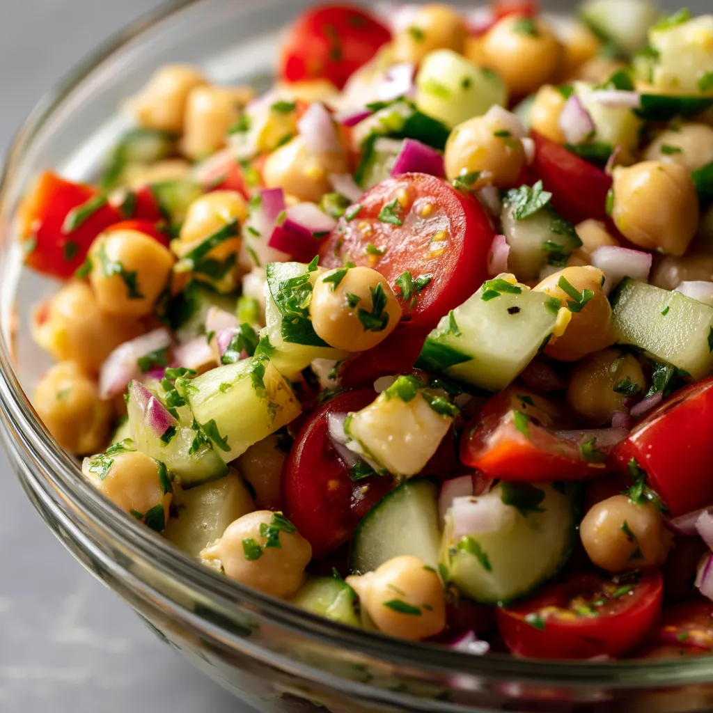 Une salade de légumes, tomates, cucumbers, chickpeas et onions, dans un bol.