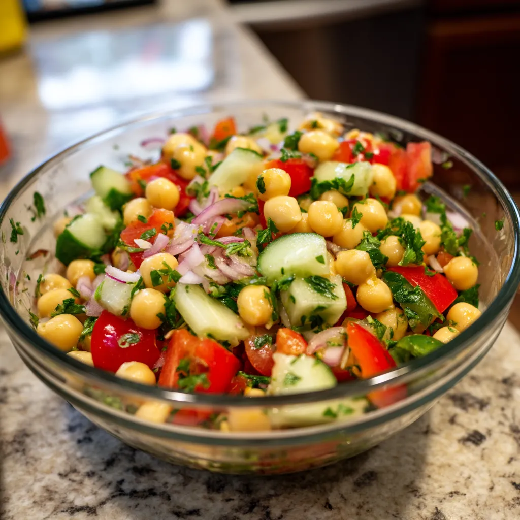 Une assiette de salade contenant des tomates, des cucumbers, des chickpeas et des légumes verts.