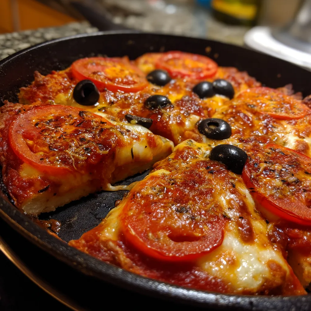 Une pizza maison est servie dans un bol en fonte. Elle est garnie de tomates, d'olives et de sauce tomate.