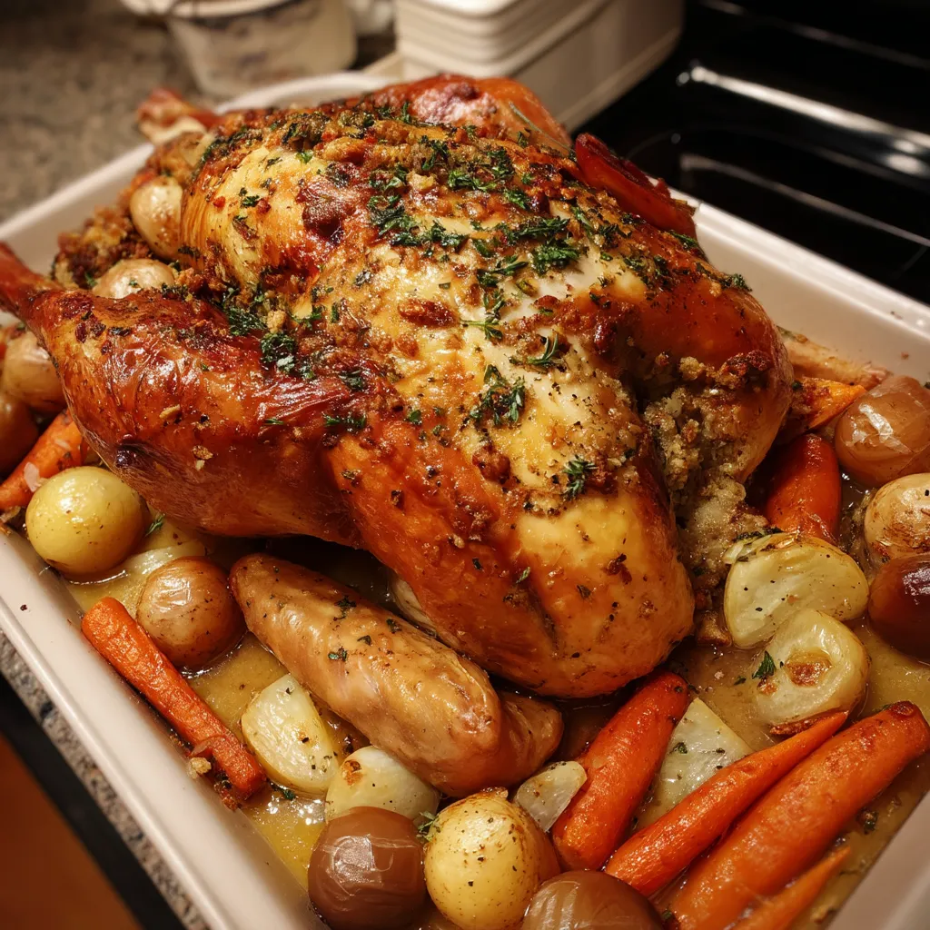 Un plat de poulet rôti avec des légumes.
