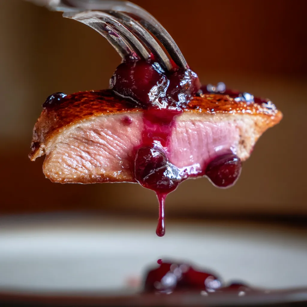 Une tranche de viande avec des baies sauvages sur une assiette.
