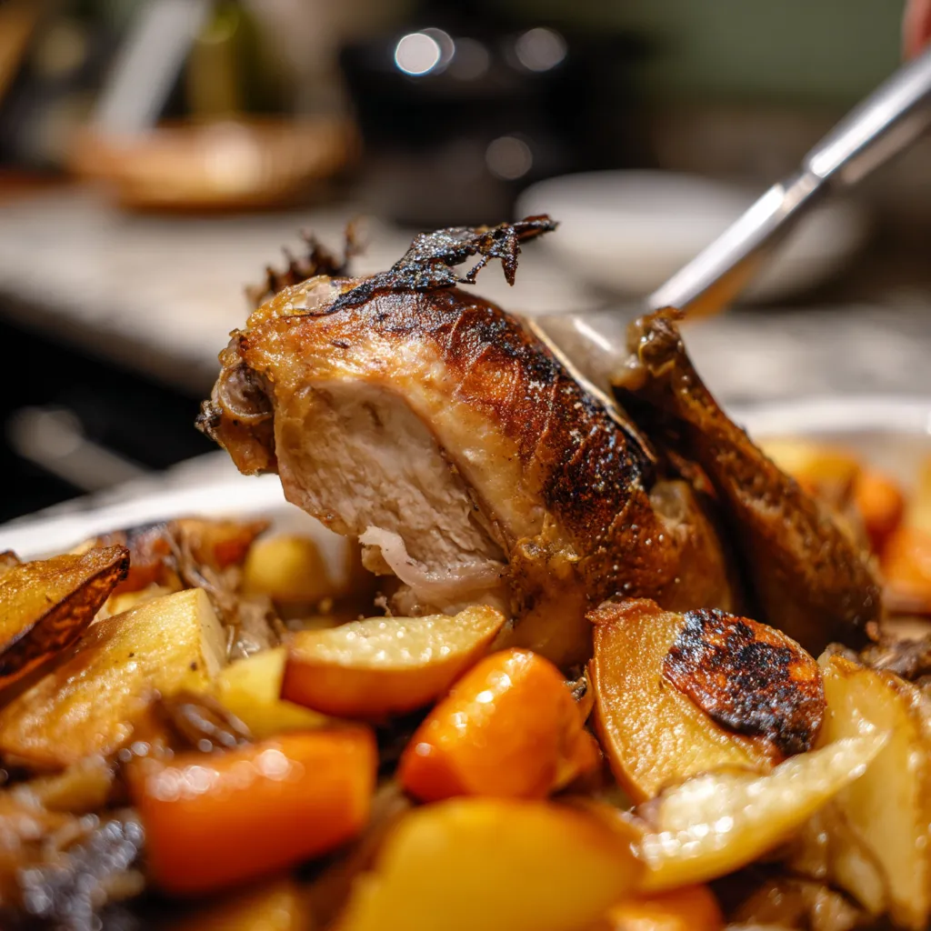 Une carcasse de poulet est servie sur une assiette avec des légumes.