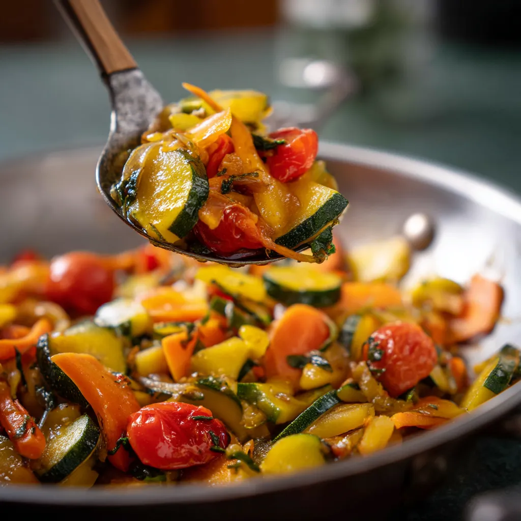 Une poêle contenant une salade de légumes, y compris des carottes, des courgettes et des tomates.