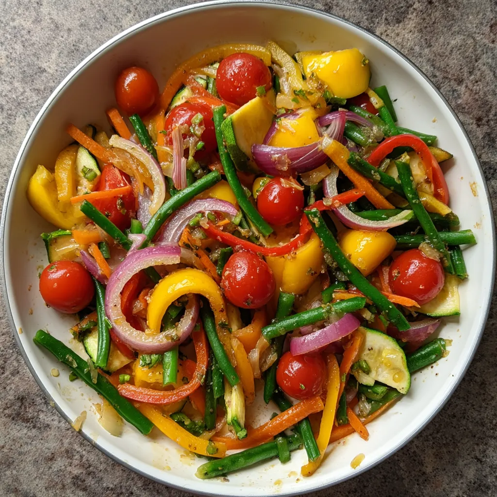 Une assiette de légumes colorés, y compris des carottes, des poivrons, des tomates et des oignons, est servie sur un plateau.