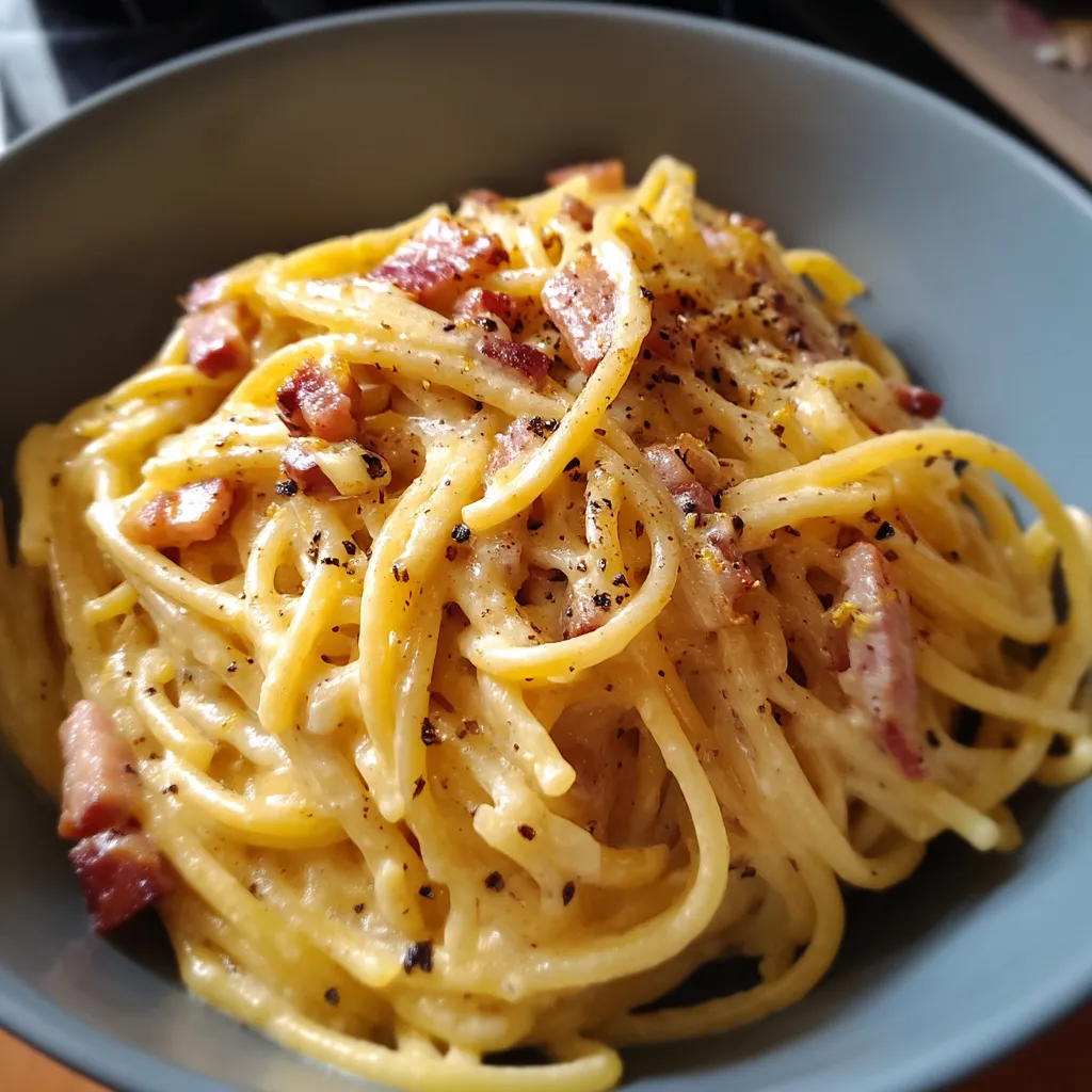 Une assiette contenant des spaghetti avec des bacon et des herbes.