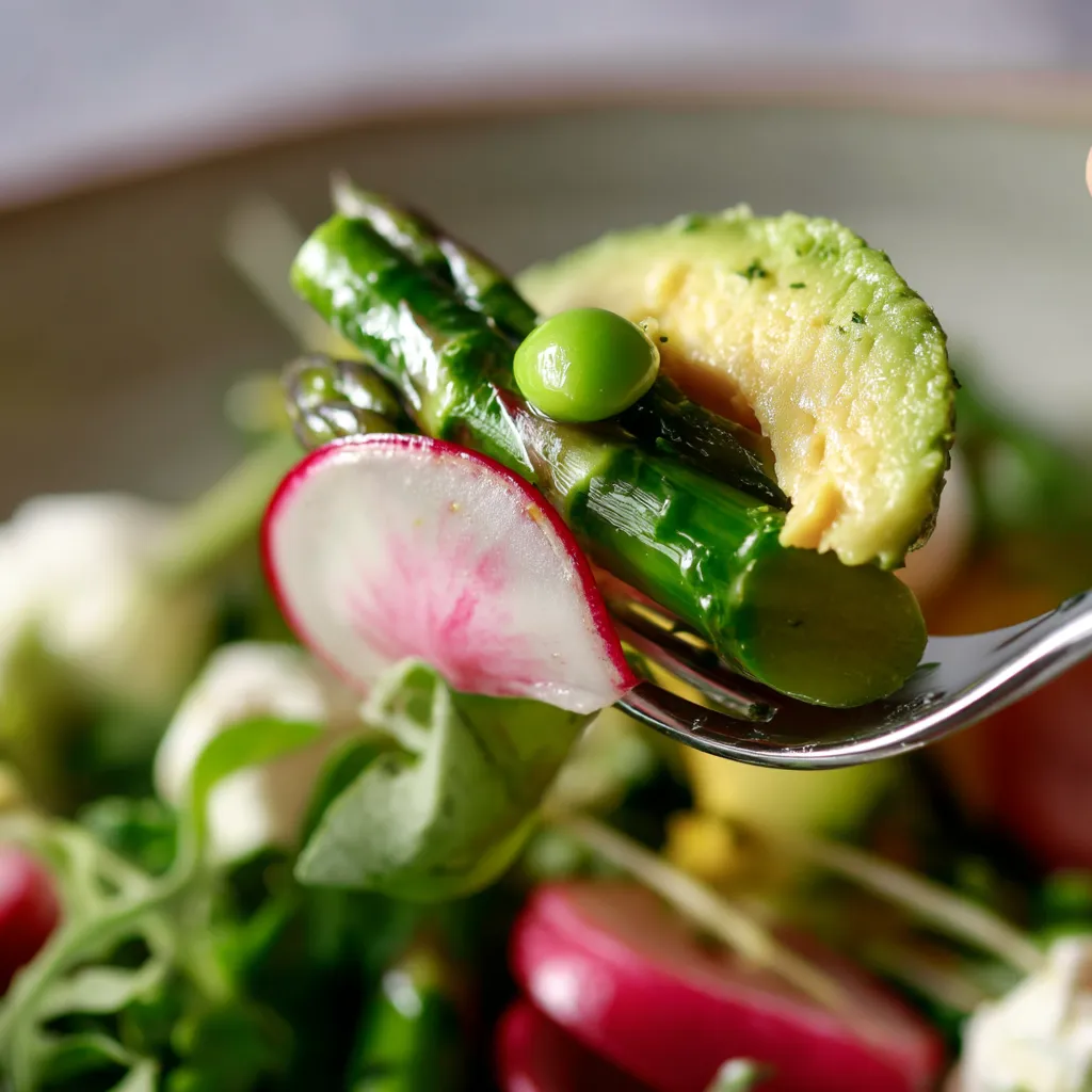 Une salade composée de légumes tels que des asperges, des pois et des avocats.