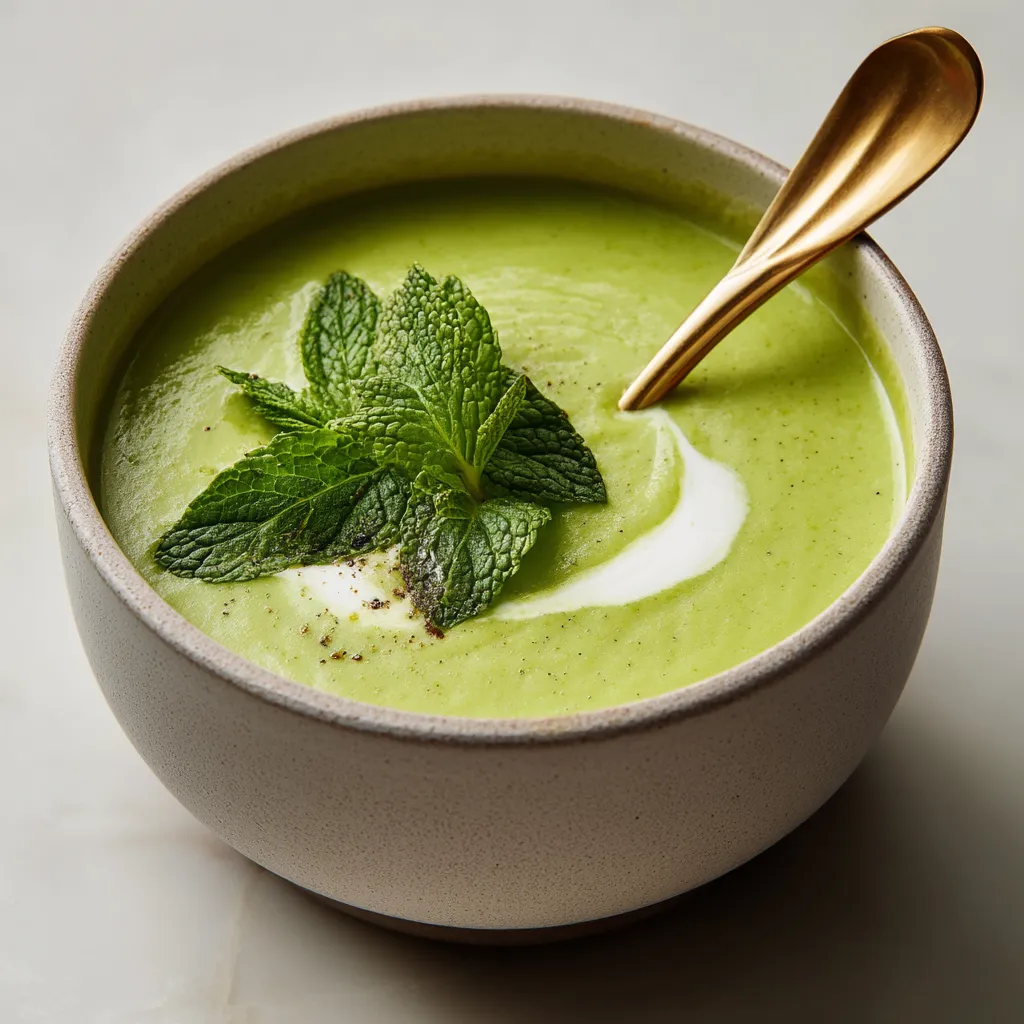 Une soupe verte avec des herbes et des croutons.