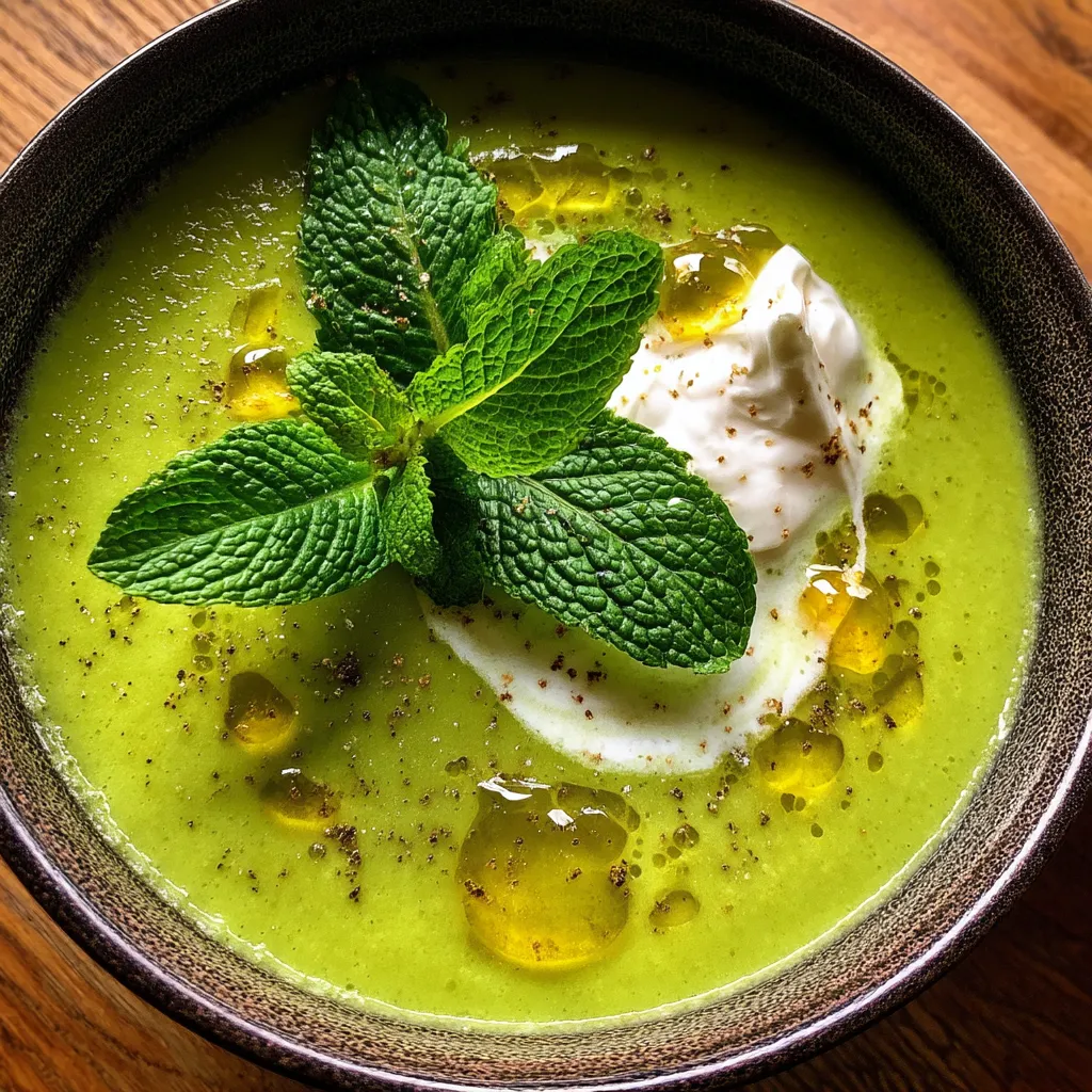 Une soupe verte avec des herbes et des croutons.