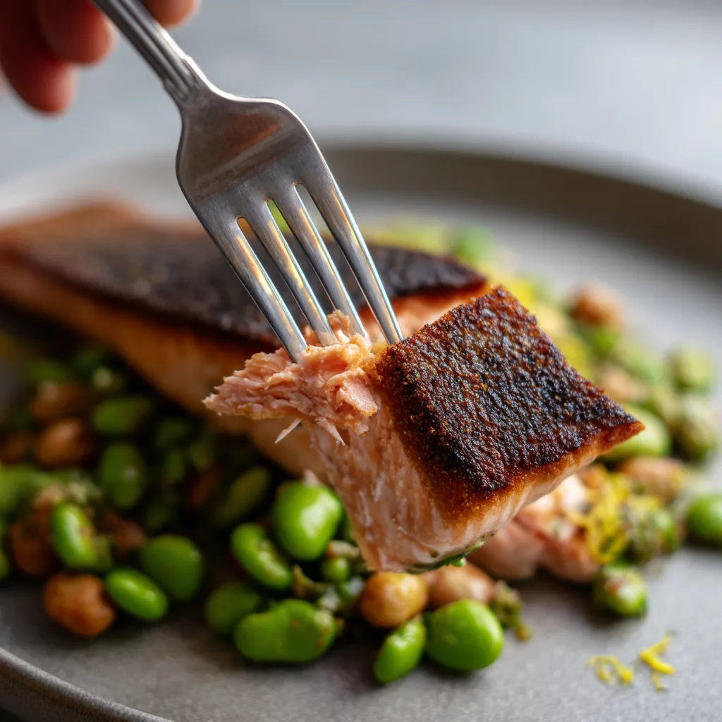 Une personne tire une tranche de poisson avec une fourchette.