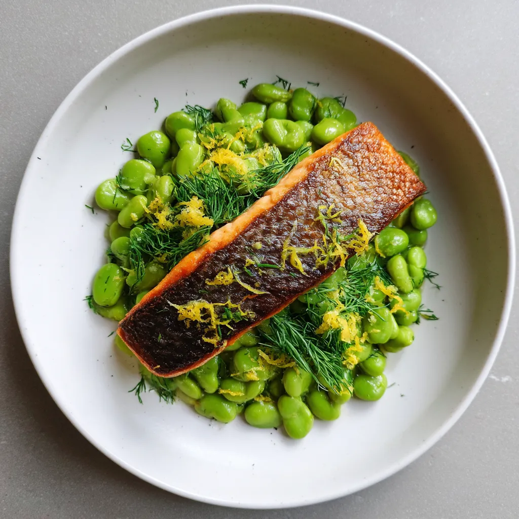 Une assiette de poisson grillé avec des légumes verts.