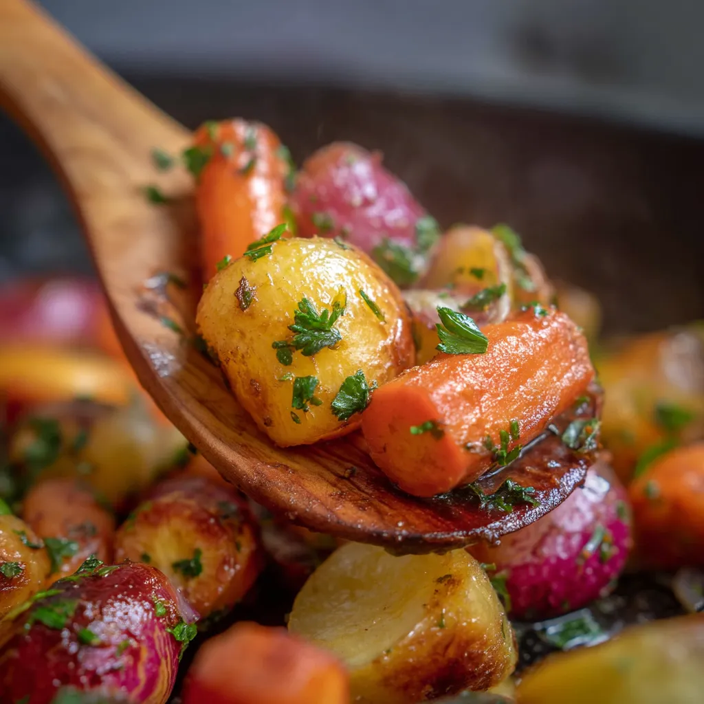 Une cuillère de carottes et de pommes de terre.