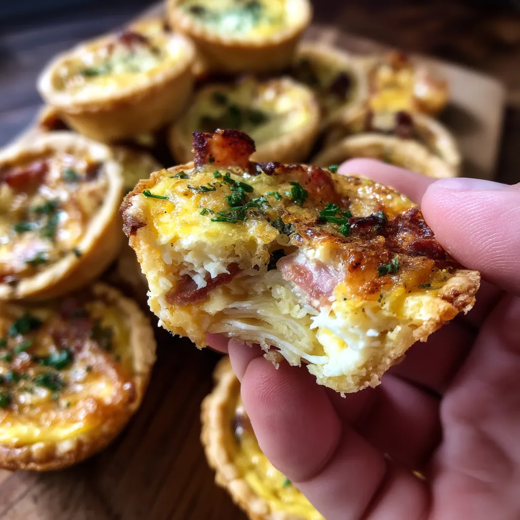 Une main tient une petite tartine de quiche.