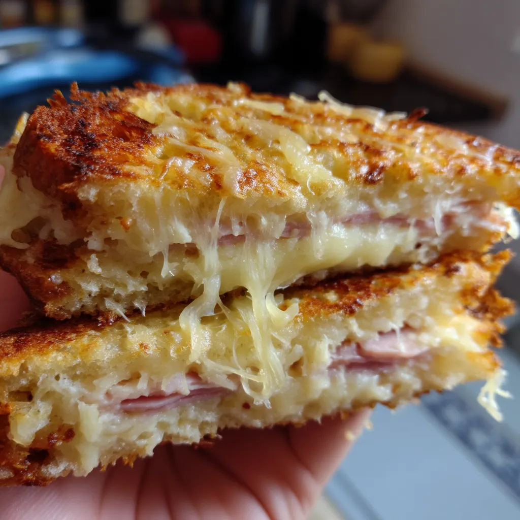 Une main tient un sandwich de ham et de fromage.