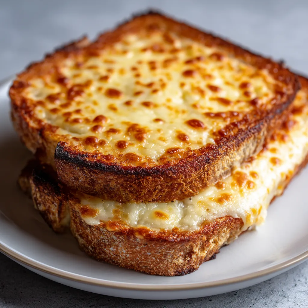 Une tranche de pain grillé avec du fromage fondu sur une plaque.