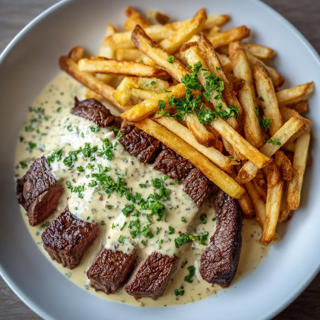 Une assiette de viande grillée avec des frites et une sauce.