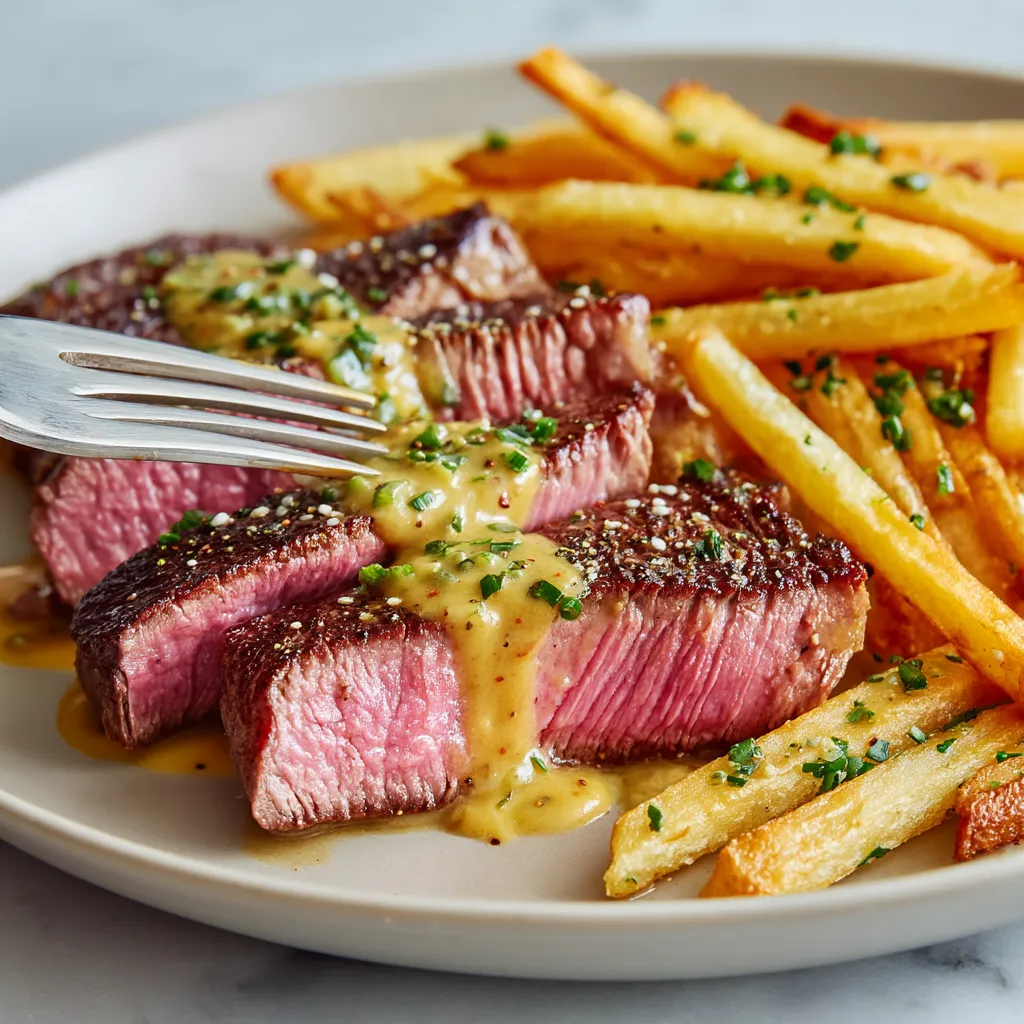 Une assiette de viande grillée avec des frites et une sauce.