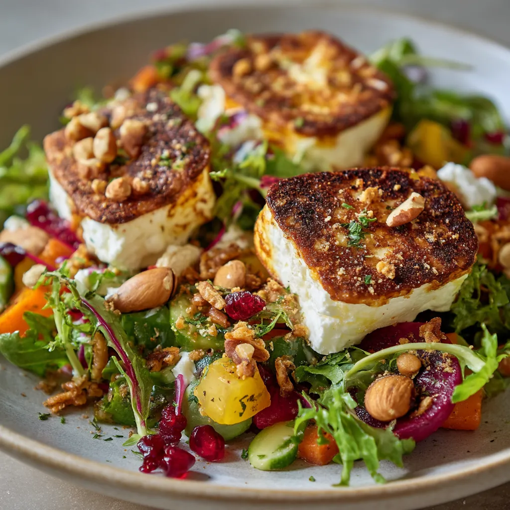 Une salade composée de légumes, de noix, de pâtes et de fromage.