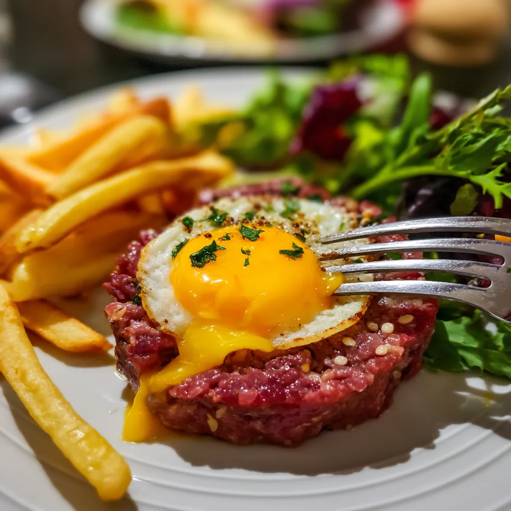 Une assiette de nourriture contenant une omelette, des frites et des légumes.