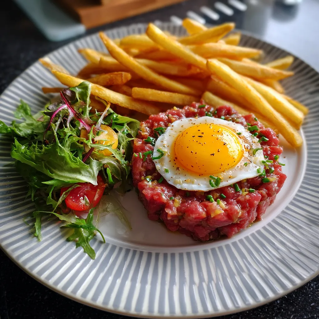 Une assiette de nourriture contenant des frites, des légumes et du viande.