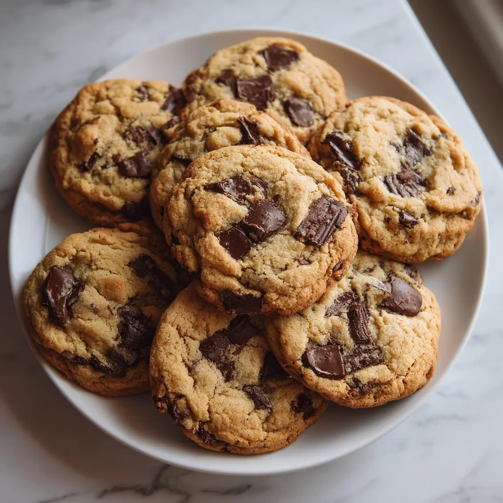 A plate of chocolate chip cookies.