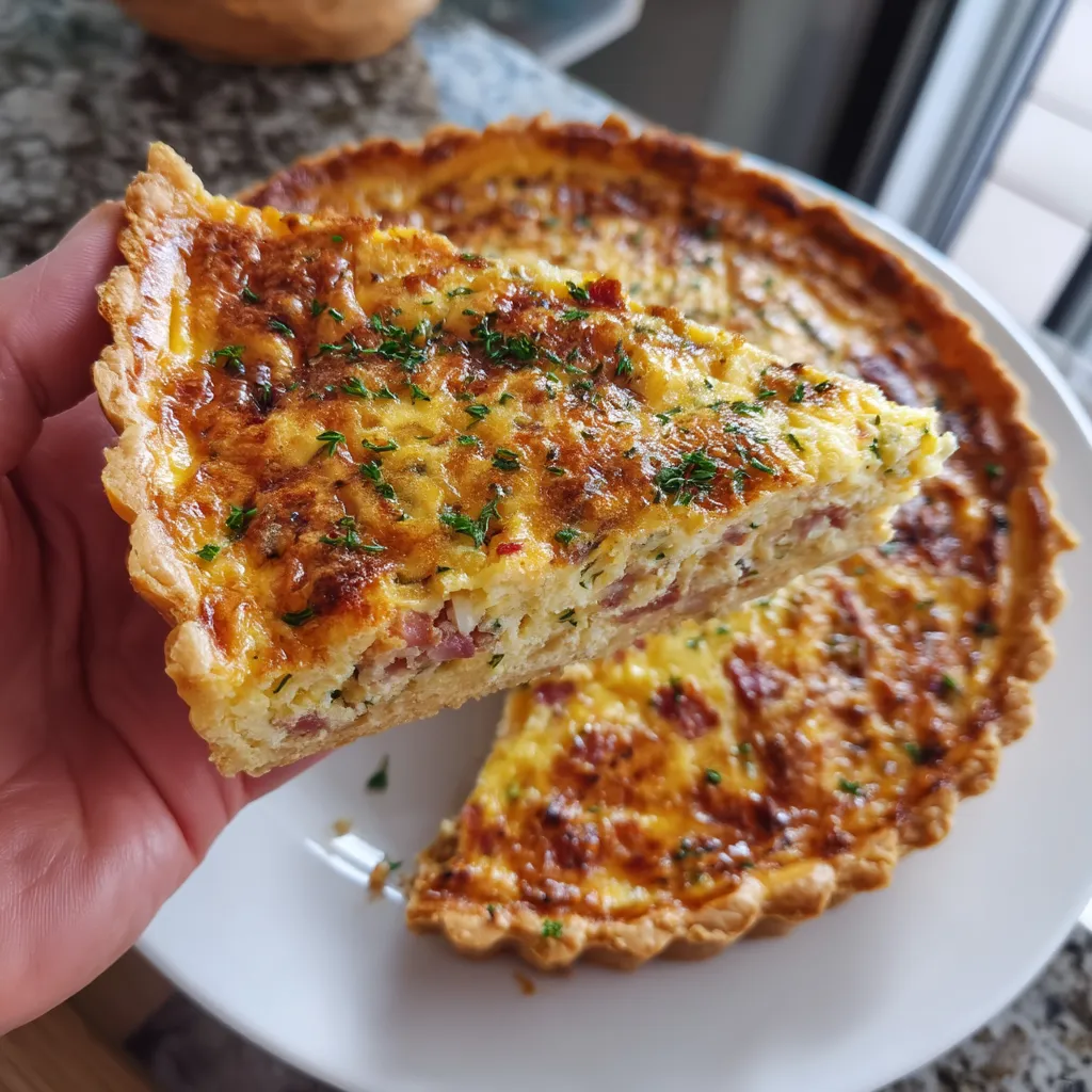 Une personne tient une portion de quiche dans sa main.