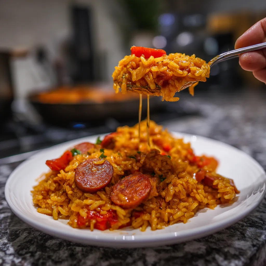 Une personne tire une fourchette remplie de riz et de sauce tomate.