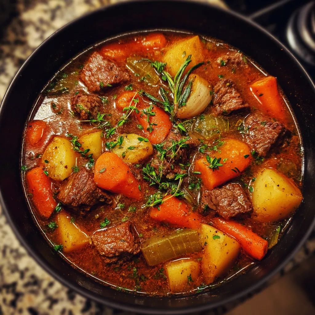 Une casserole de viande et légumes, avec des carottes, des oignons et des herbes.
