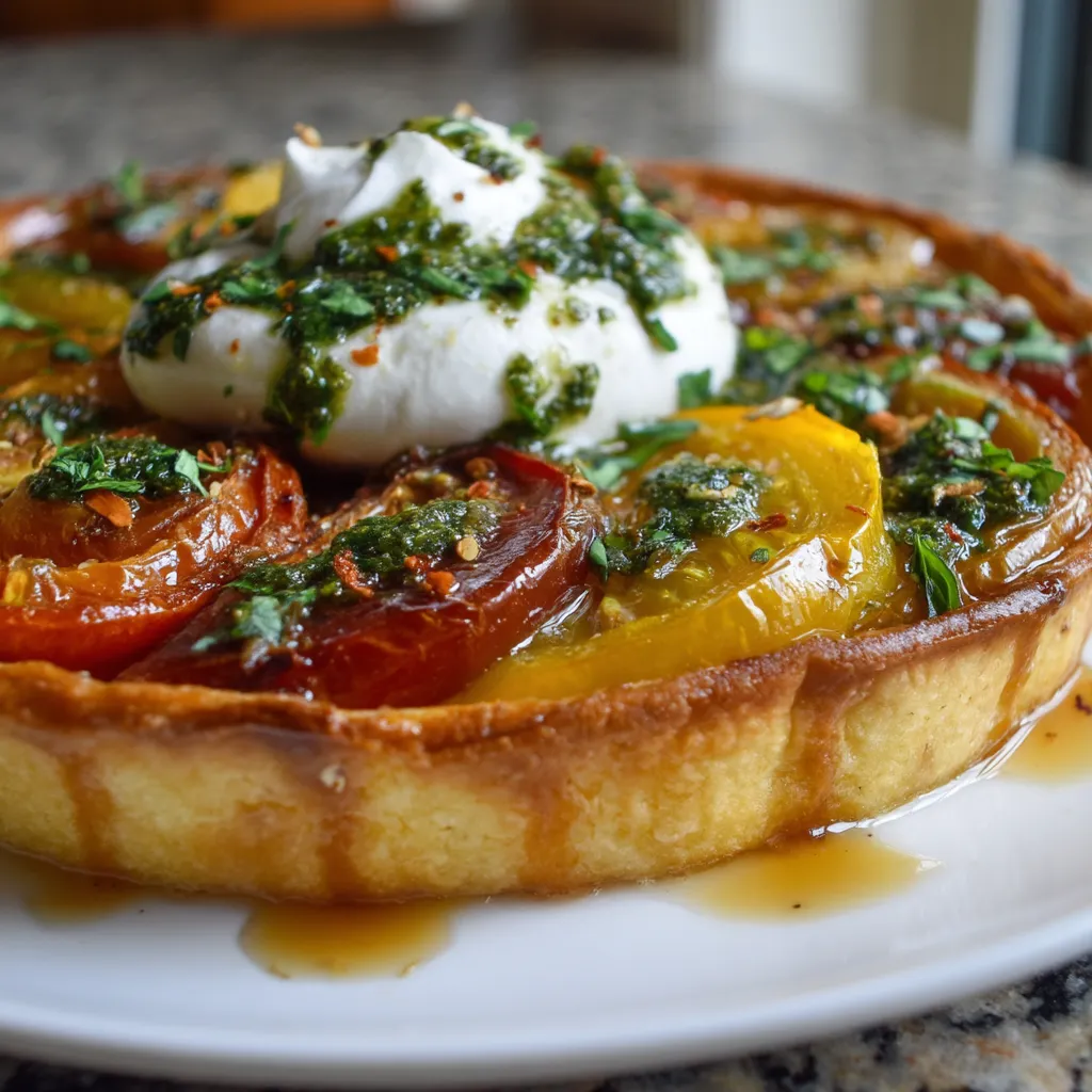 Une tarte aux fruits, avec des tomates, des herbes et des crustacés, sur un plateau.