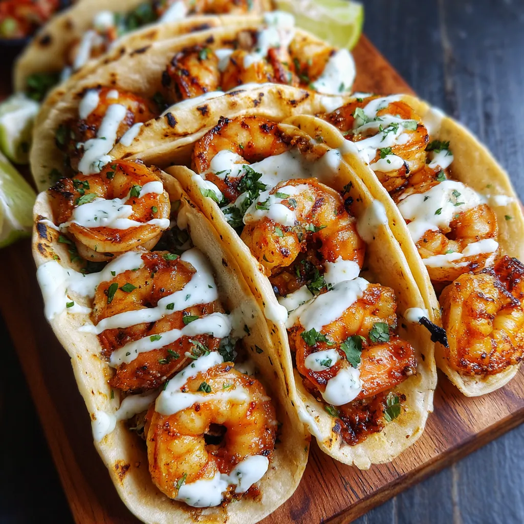 Six tacos de camarones sur un plateau.