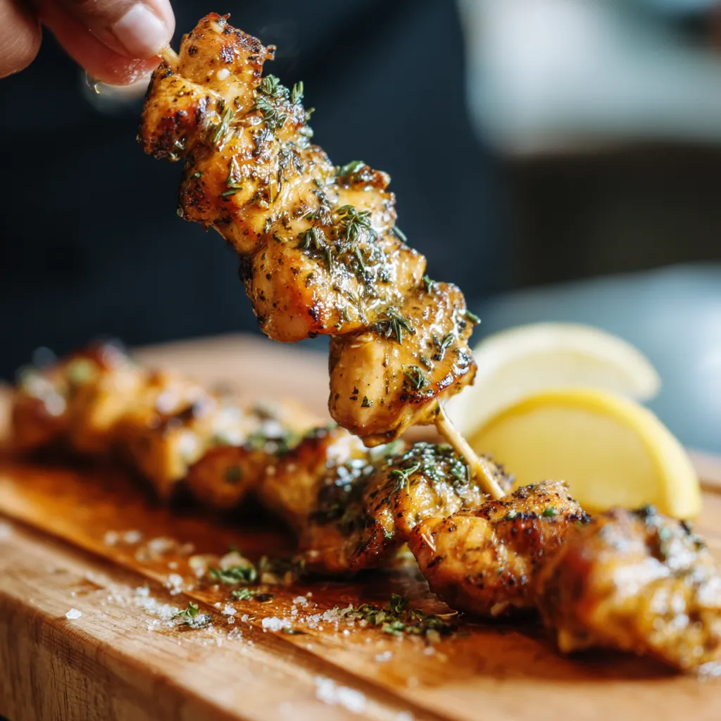 Une personne tient une brochette de kebab avec des légumes et des herbes.