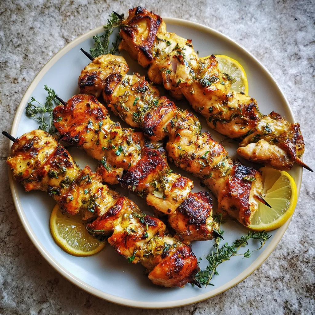 Plate de brochettes de poulet avec des citrons.