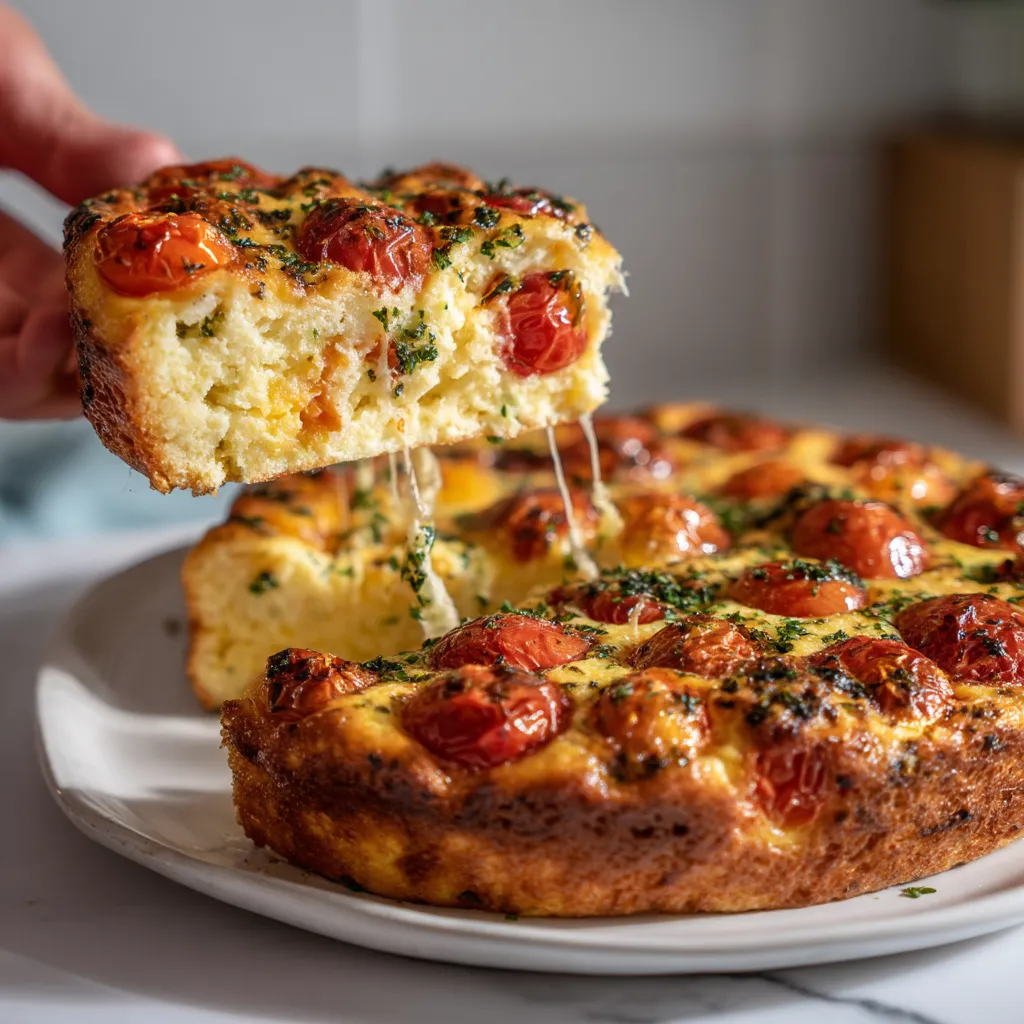 Une personne tire une portion de quiche à la tomate et au fromage.