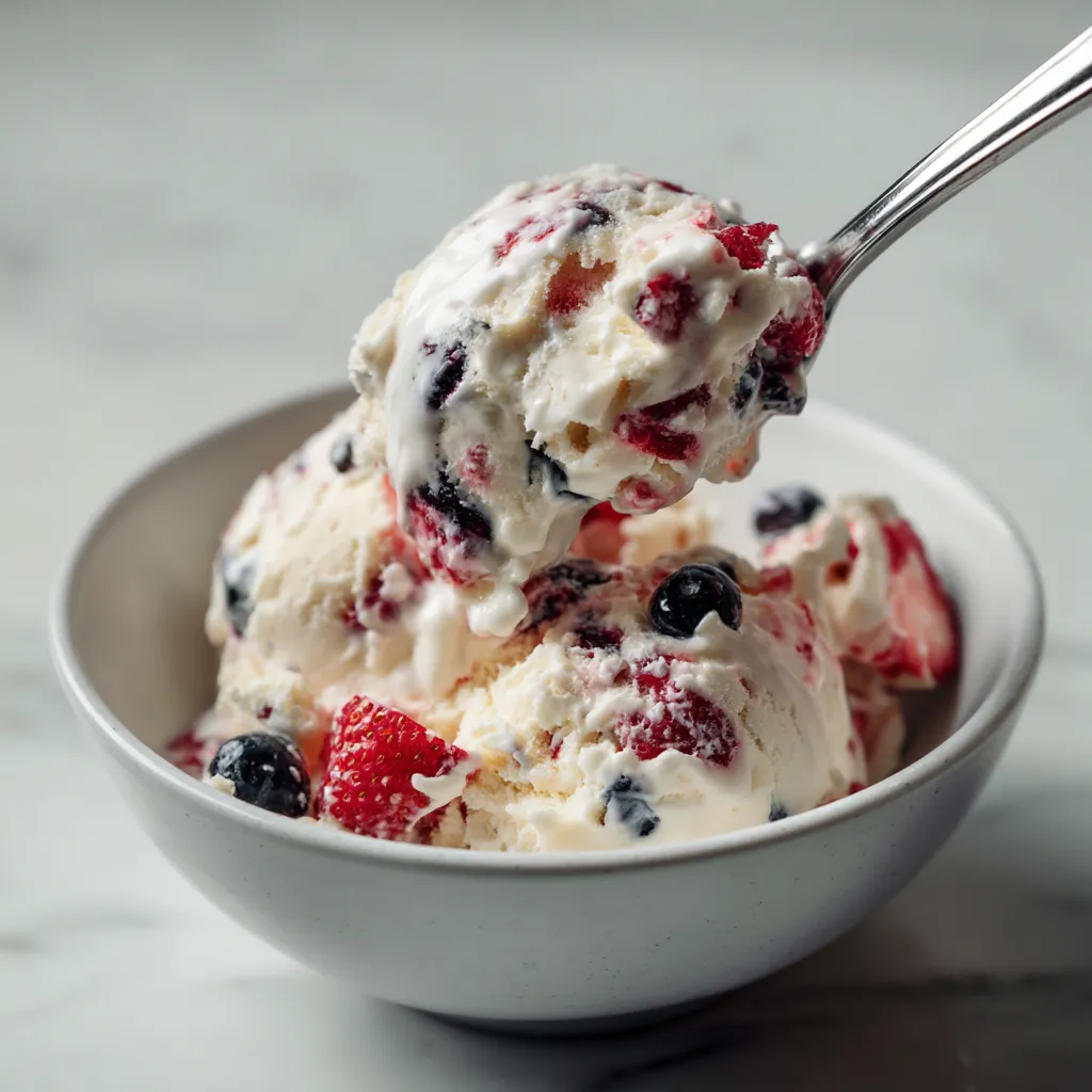 Une cuillère en argent est utilisée pour prendre une portion de crème glacée avec des fruits rouges.