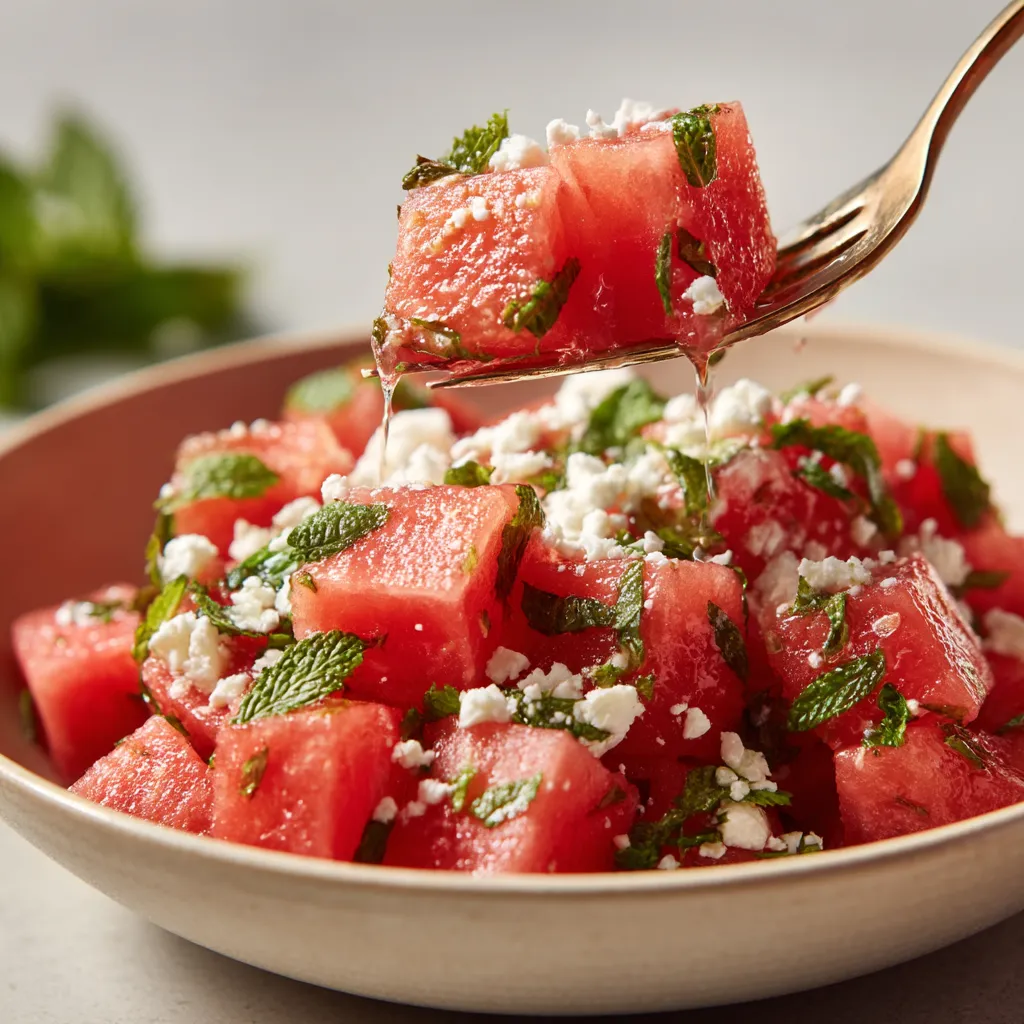 Une assiette contenant des tranches de melon avec du fromage blanc.