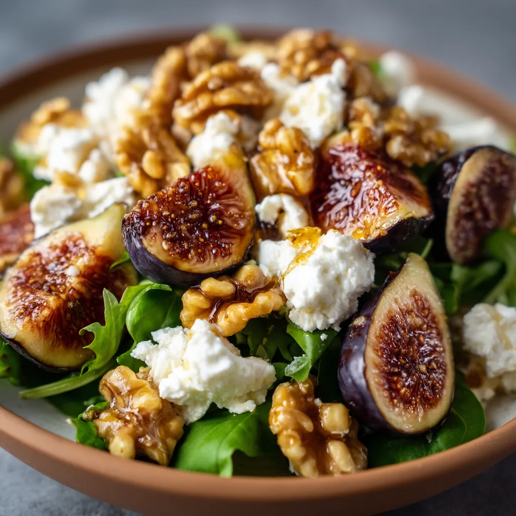 Une salade composée de figues, de noix, de fromage et de fruits secs.