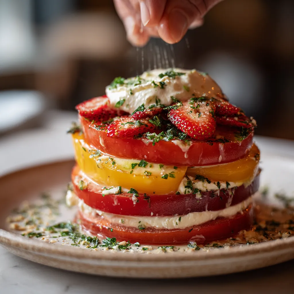 Une pile de tomates et de fromage sur une table.