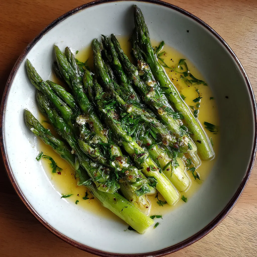 Une assiette de légumes verts, y compris des asperges, est servie sur une table.