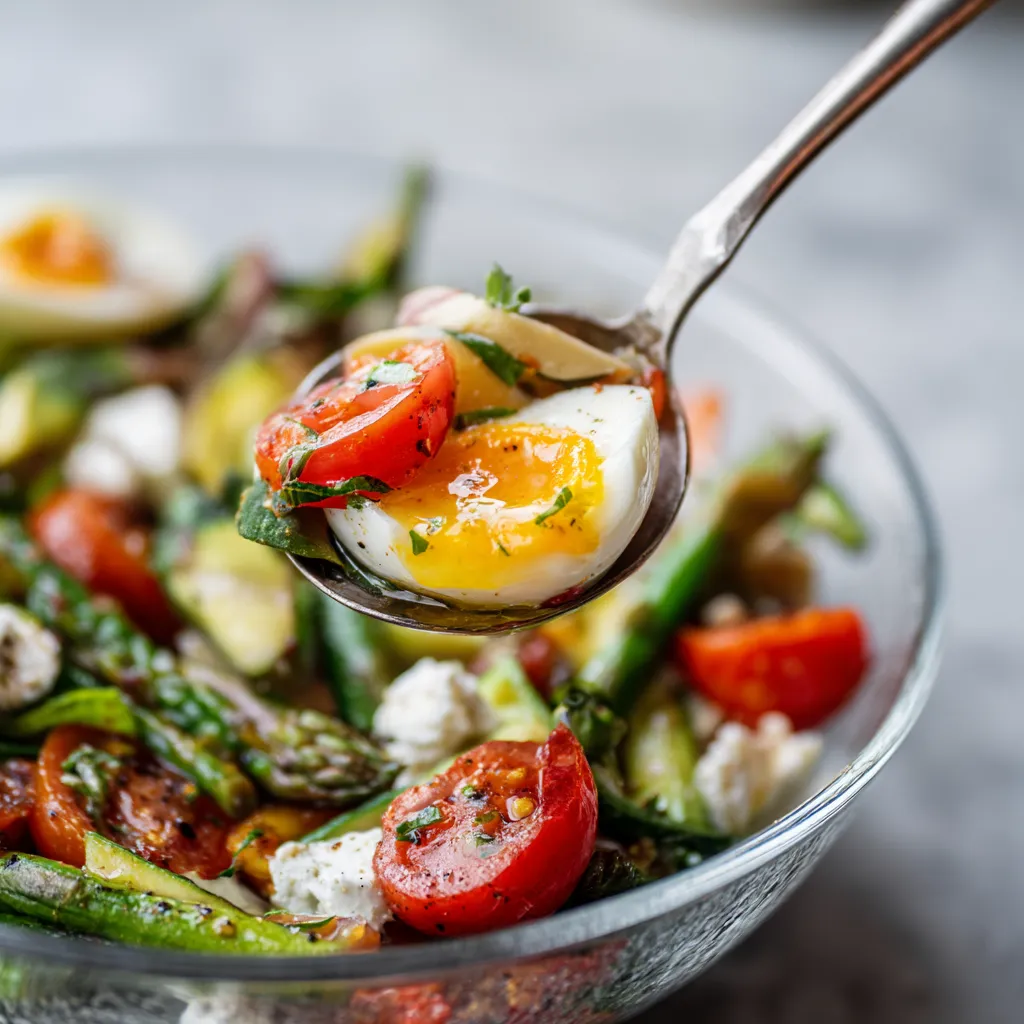 Une assiette de salade contenant des tomates, des asperges, des oeufs et des légumes verts.