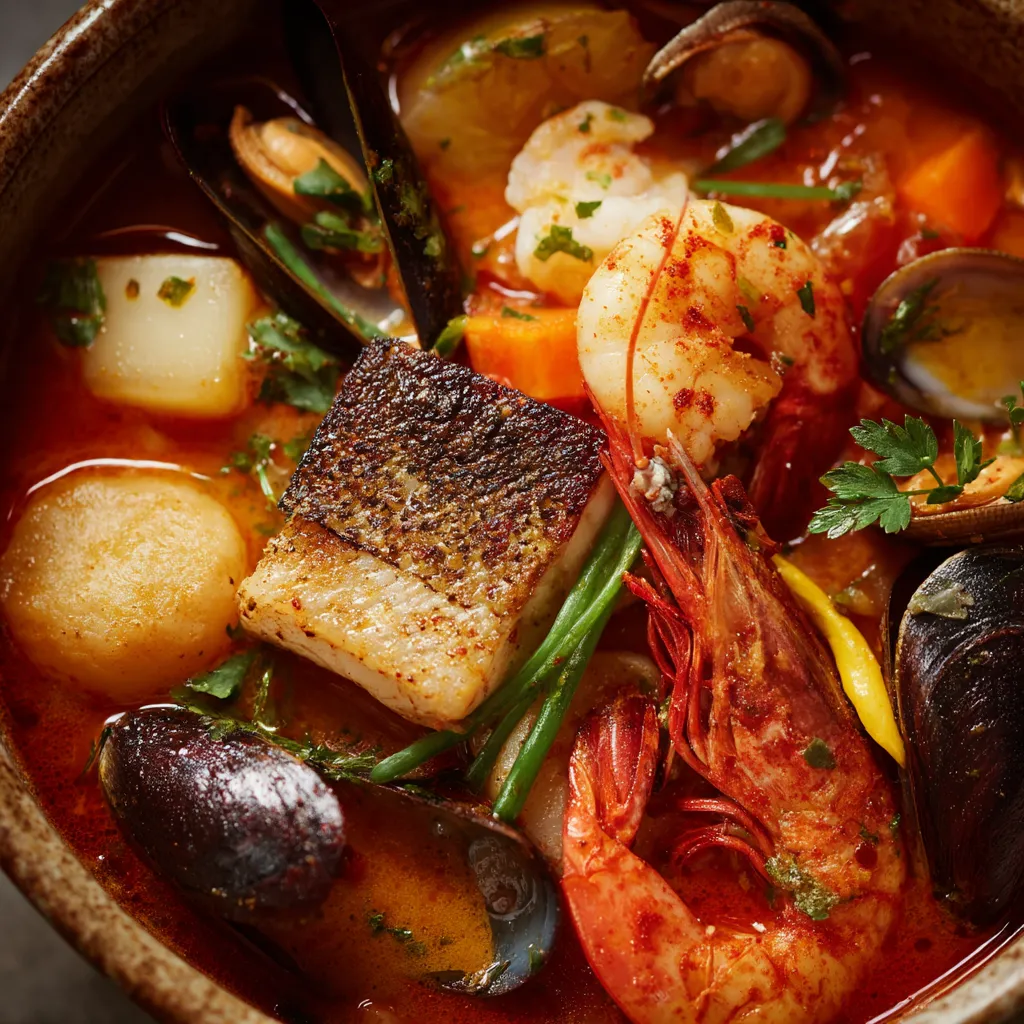 Bouillabaisse avec des crustacés, des légumes et des poissons.