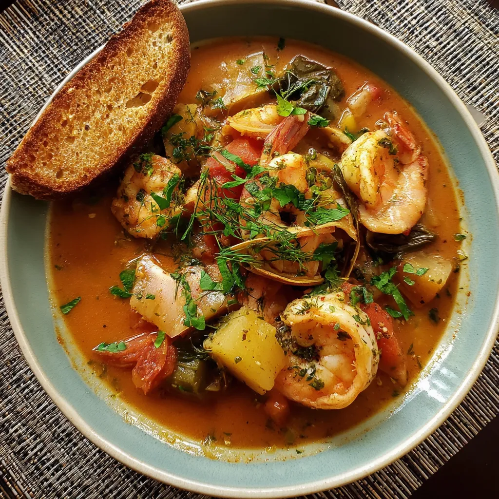 Une assiette de bouillabaisse avec des légumes et des fruits de mer.