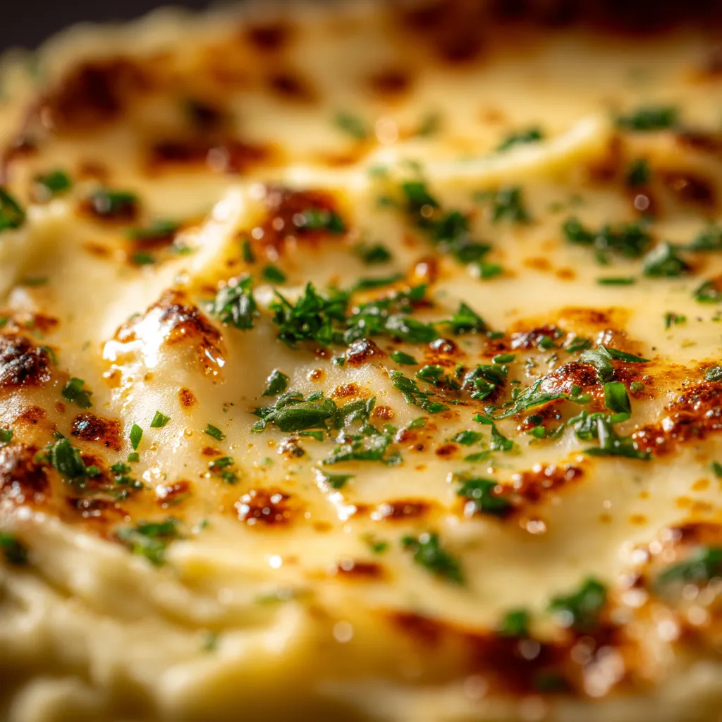 Une pâte de pommes de terre avec des herbes vertes sur le dessus.