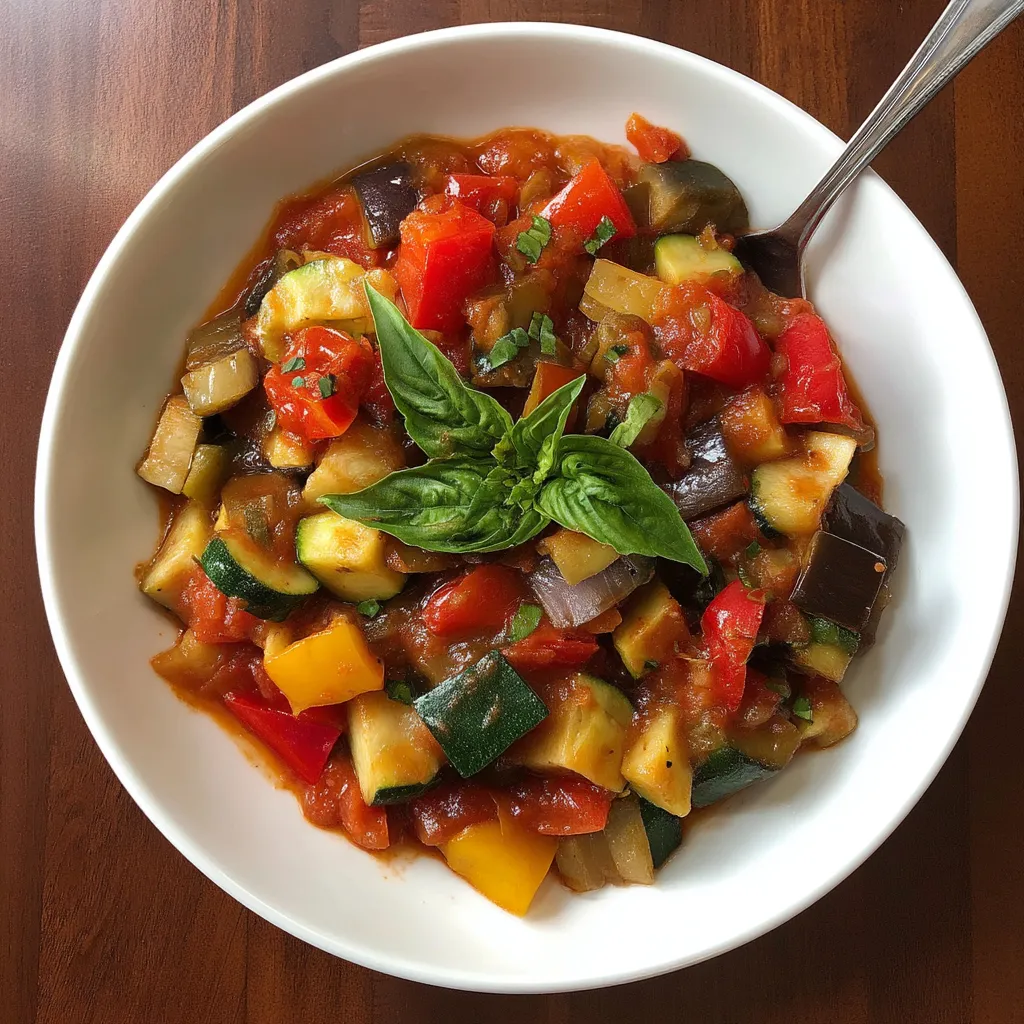 Une assiette de ratatouille avec des légumes tels que des aubergines, des tomates, des poivrons, des zucchini et des herbes.