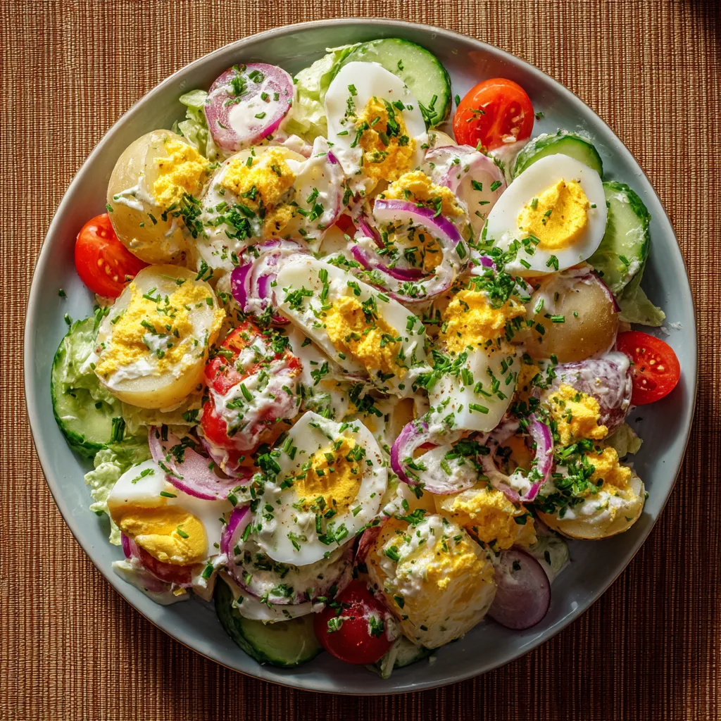 Une salade mimosa composée de légumes et de poulet.