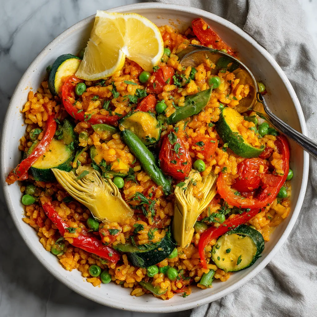 Une paella de verduras avec des légumes tels que des tomates.