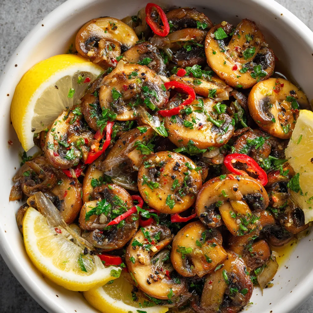 Une assiette de setas al Ajillo (Garlic Mushrooms) avec des légumes et des herbes.