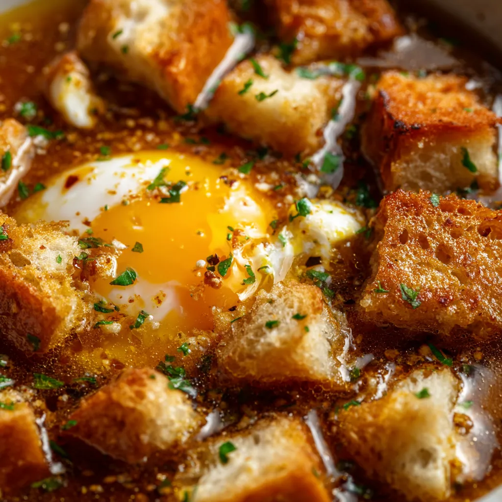 Une image de Sopa Castellana (Castilian Garlic Soup) avec des tranches de pain, des herbes et une omelette.